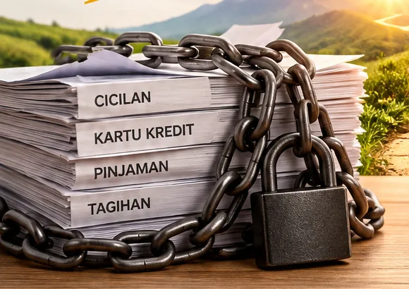 Tumpukan tagihan cicilan, kartu kredit, pinjaman, dan tagihan yang terkunci rantai